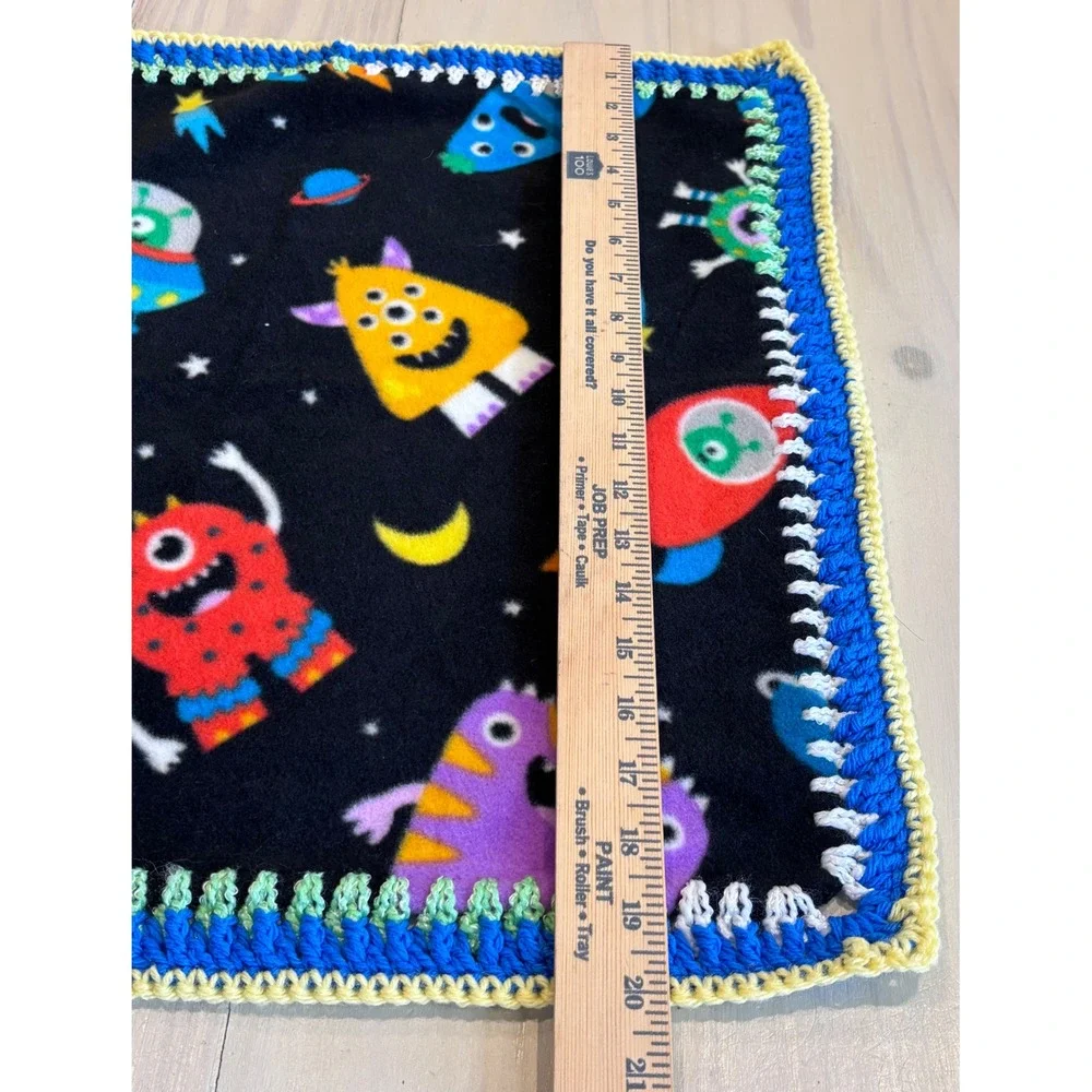 Handmade Space Monsters‎ Fleece Security Blanket Crochet Trim Black 20x20 Lovey